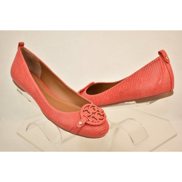 NIB TORY BURCH ORANGE MINI MILLER LIZARD PRINT LEATHER BIG REVA FLATS 8 BRAZIL - Picture 4 of 12